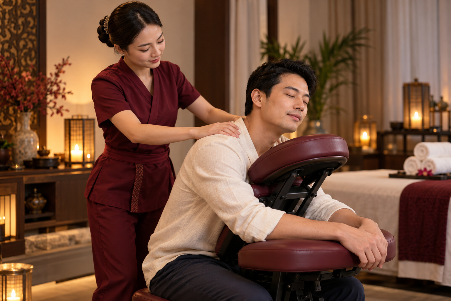 Nữ kỹ thuật viên massage vai cho khách nam trong không gian ấm áp ánh nến